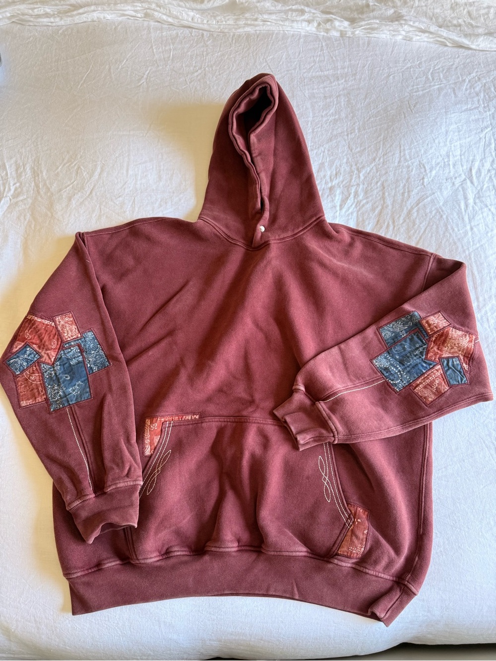 Abercrombie & Fitch Maroon Crewneck Hoodie with Patchwork Sleeves